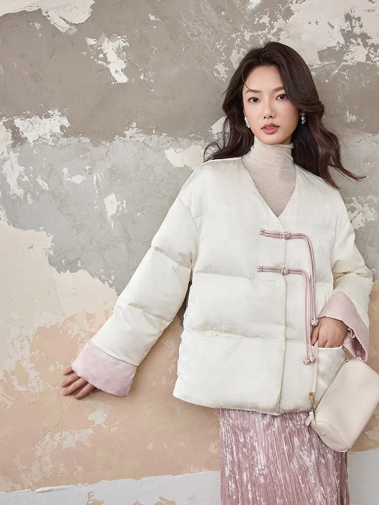 

Jiancha New Chinese Style Short down Jacket 90 White Duck down V-neck Button Embroidery Disk Button Warm Thickened Long Sleeve