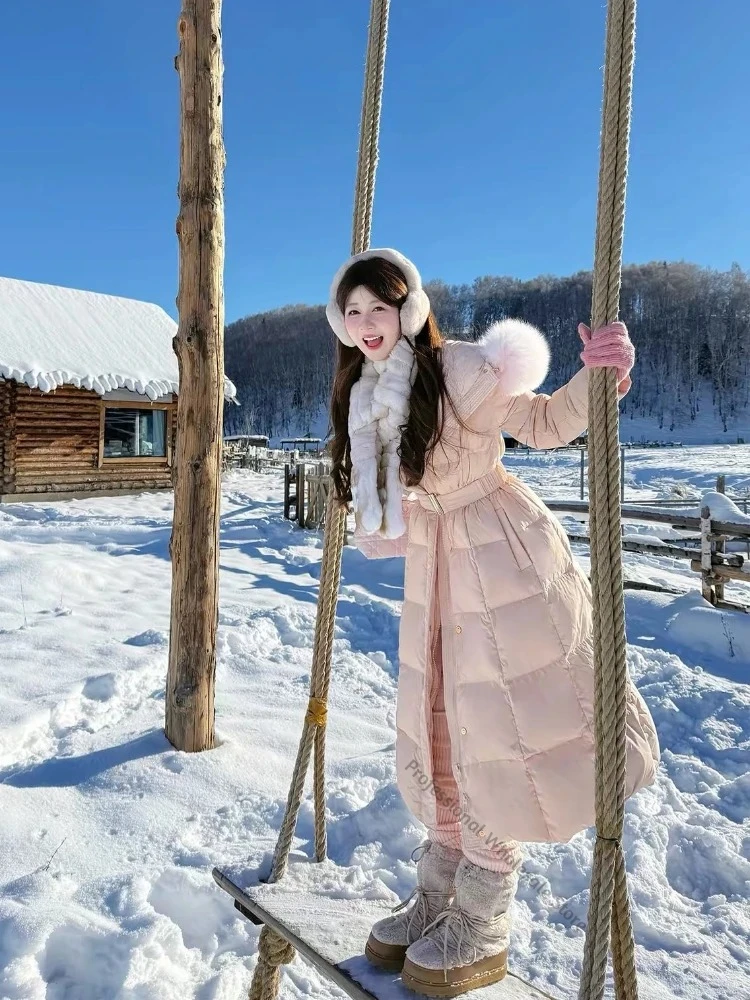 Women's Longline Winter Coat Natural Fur Hood Adjustable Waist Zipper Closure Chic Outerwear Stylish for Everyday Casual Outfits