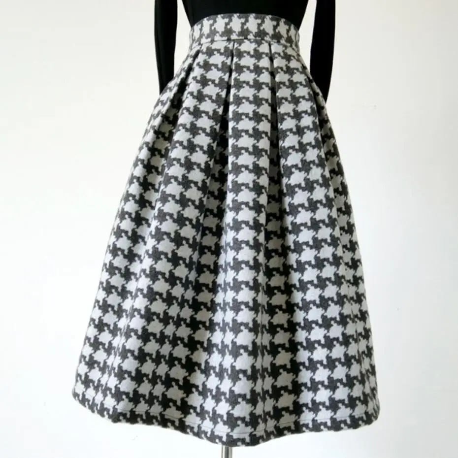 autumn winter vintage Houndstooth woolen skirt women high waist thick ball down mid skirt