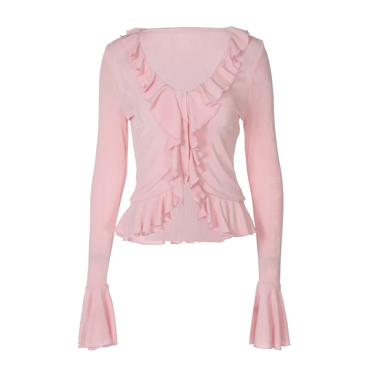 Sexy V-Ne Open Cardigan T-Shirt mit Glocken-Sves und Taillenklammern für Damen, lässiges Sle Thi-Baumwollmaterial