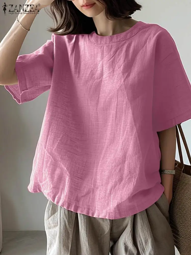 ZANZEA Casual Loose Short Sleeve Tops 2024 Summer Women Blouse Korean Fashion Round Neck Tunic All-match Solid Oversized Blusas