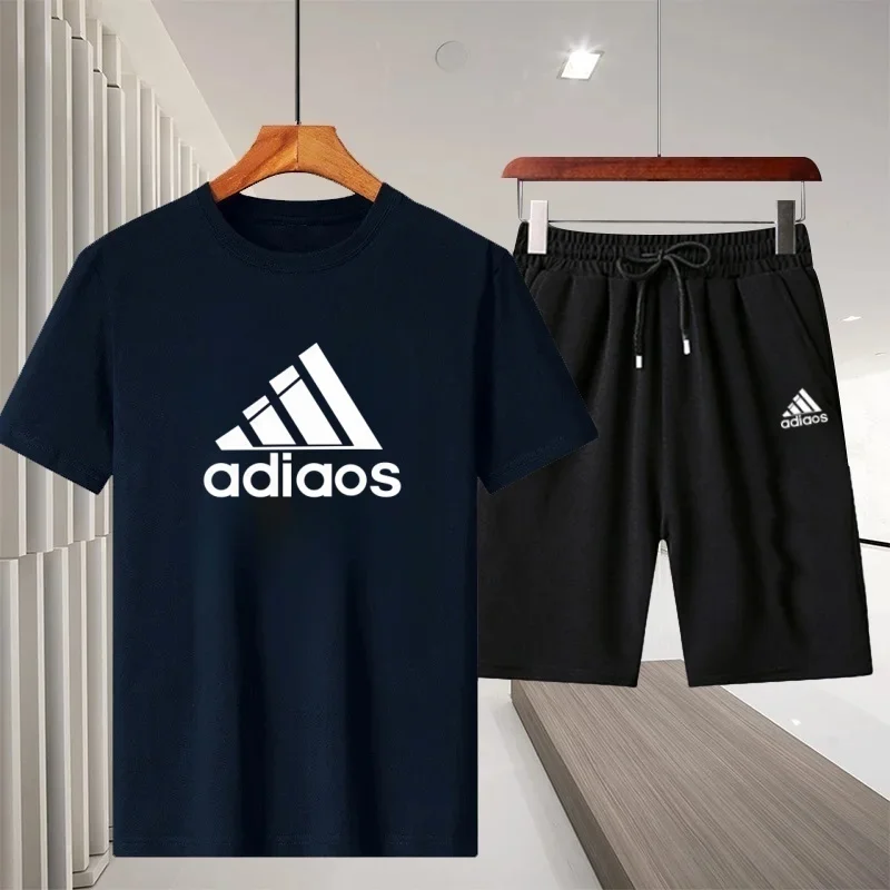 

Summer printed men's round-neck T-shirt short-sleeved shirt + elastic waist shorts 2-piece super large beach sports men's set