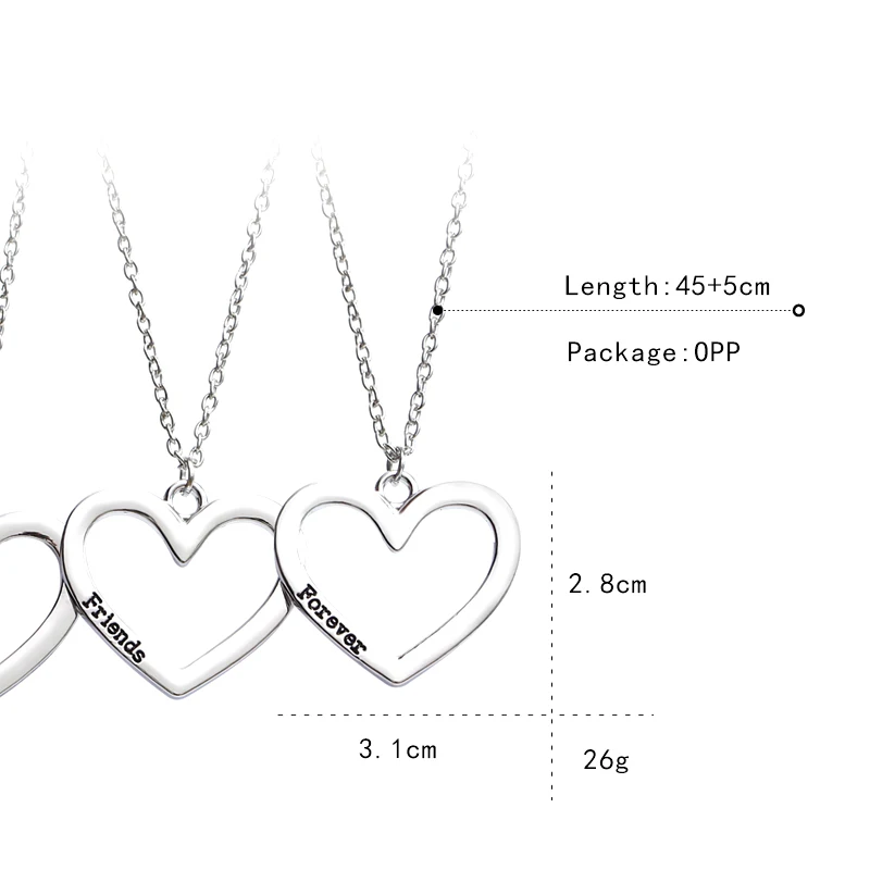 3 Pcs Hollow Out Heart Design Best Friends Forever Necklace Set BFF Chain Choker For Girls Women Bestie Friendship Memorial