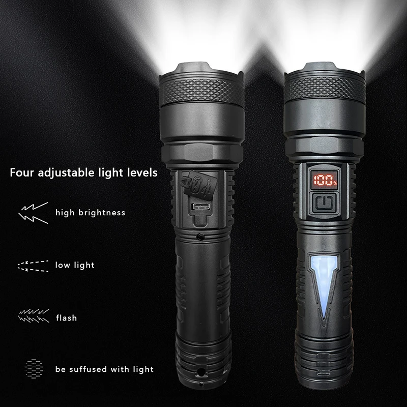 USB new strong LED side light flashlight outdoor portable long-range focus flashlight digital display home