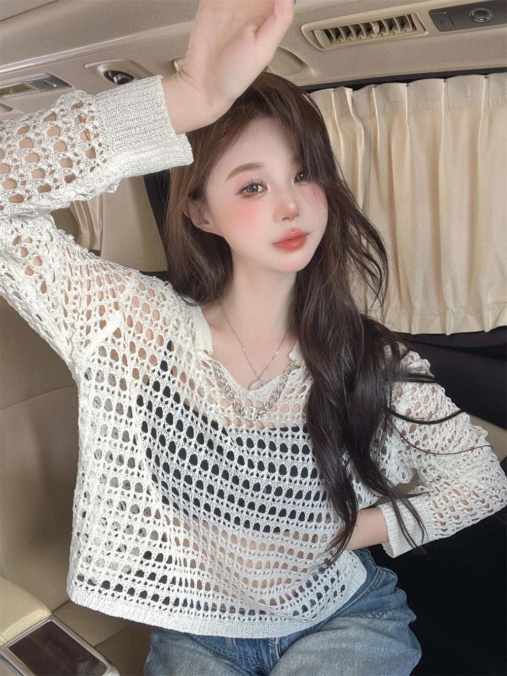 Women's V-Neck Knitted Hollow out Mesh Top Summer 2024 Fashion Long Sleeve Hole Design Korean Style Commute Windbreaker