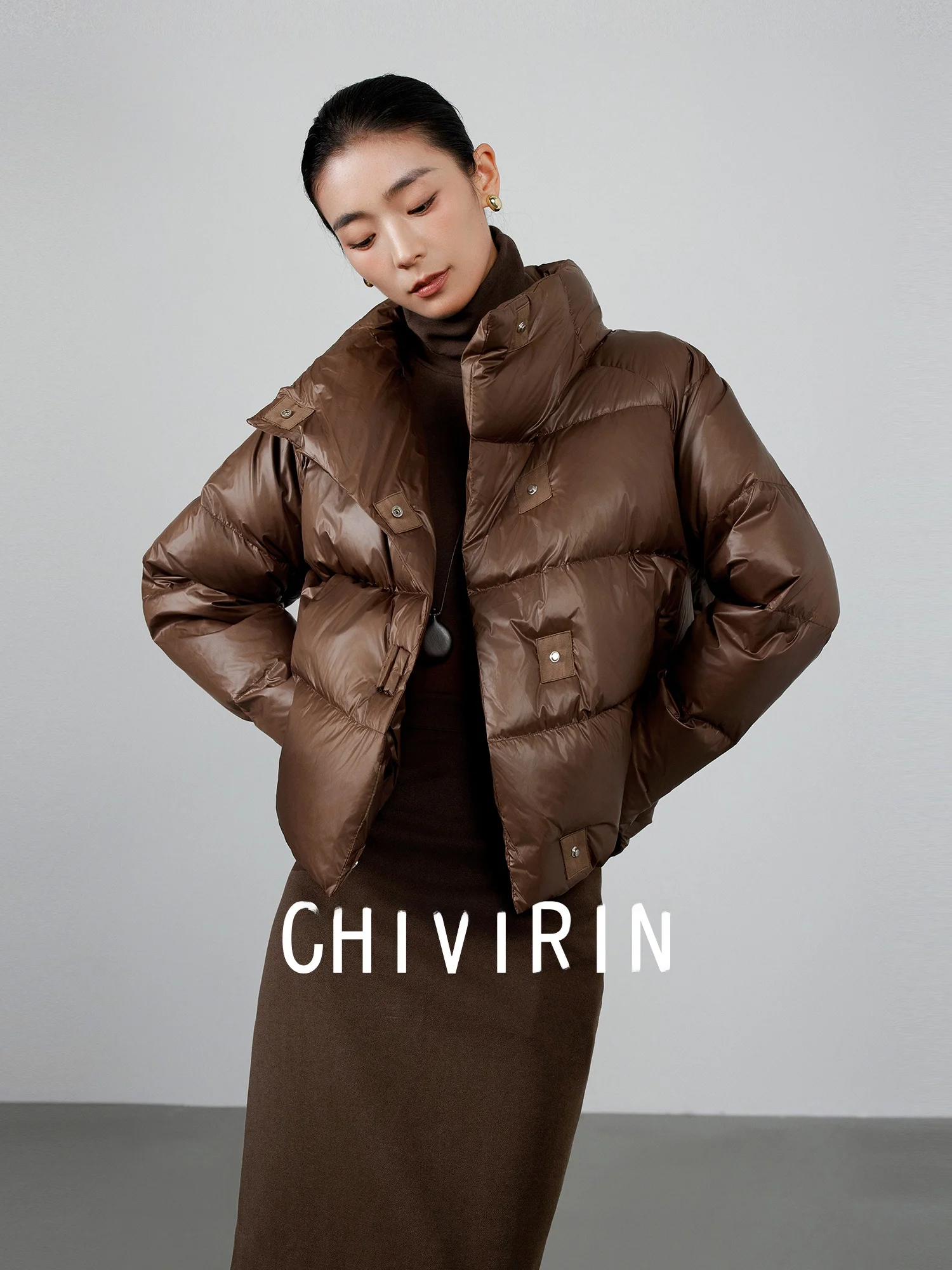 

Chivirin Sle ort White Du down Jaet Women's Bread down Coat Commute Simple Slim Fit Thiened V-Ne Single ...