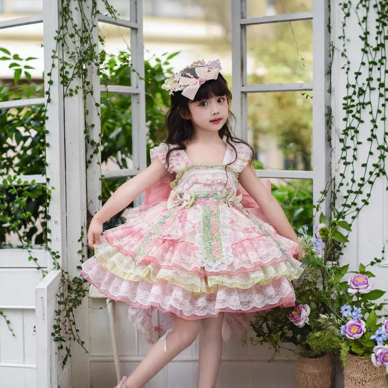 Baby Girl Summer Shiny Pink Sweet Lolita Lace Princess Gauze Ball Gown Floral Lace Dress Birthday Party Eid Childen Clothing