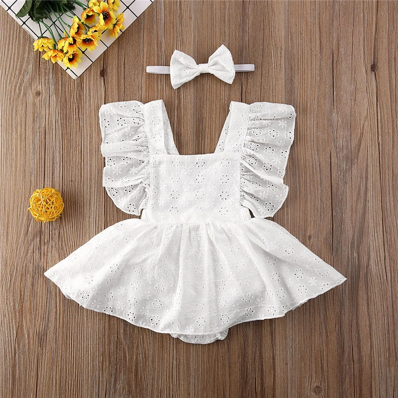 Newborn Baby Girls Ruffle Romper Dress Sleeveless Lace Solid Color Summer Tutu Bodysuit+Bowknot Headband Clothes Set