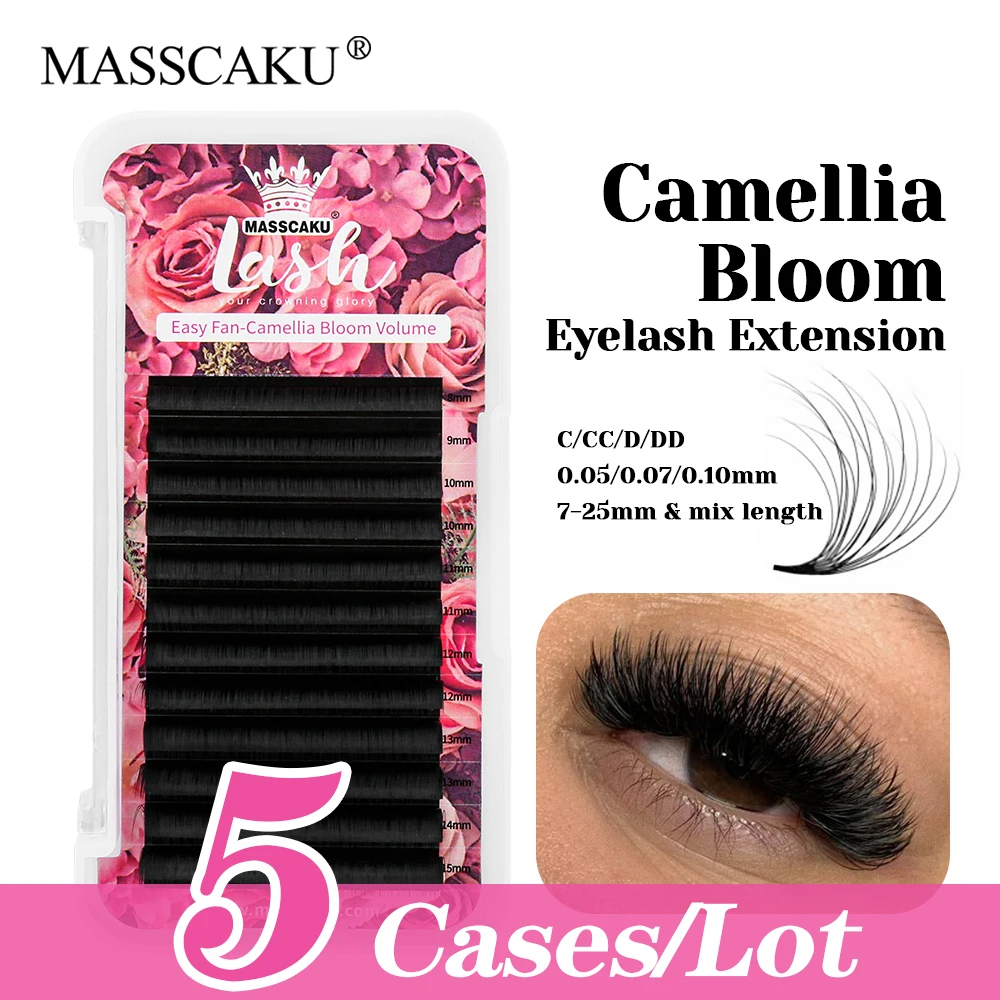 MASSCAKU-Lot de 5 étuis de cils personnalisés, 8 à 20mm, taille mixte, faux vison, camélia, floraison, doux, auto, fanning, par étiquette privée