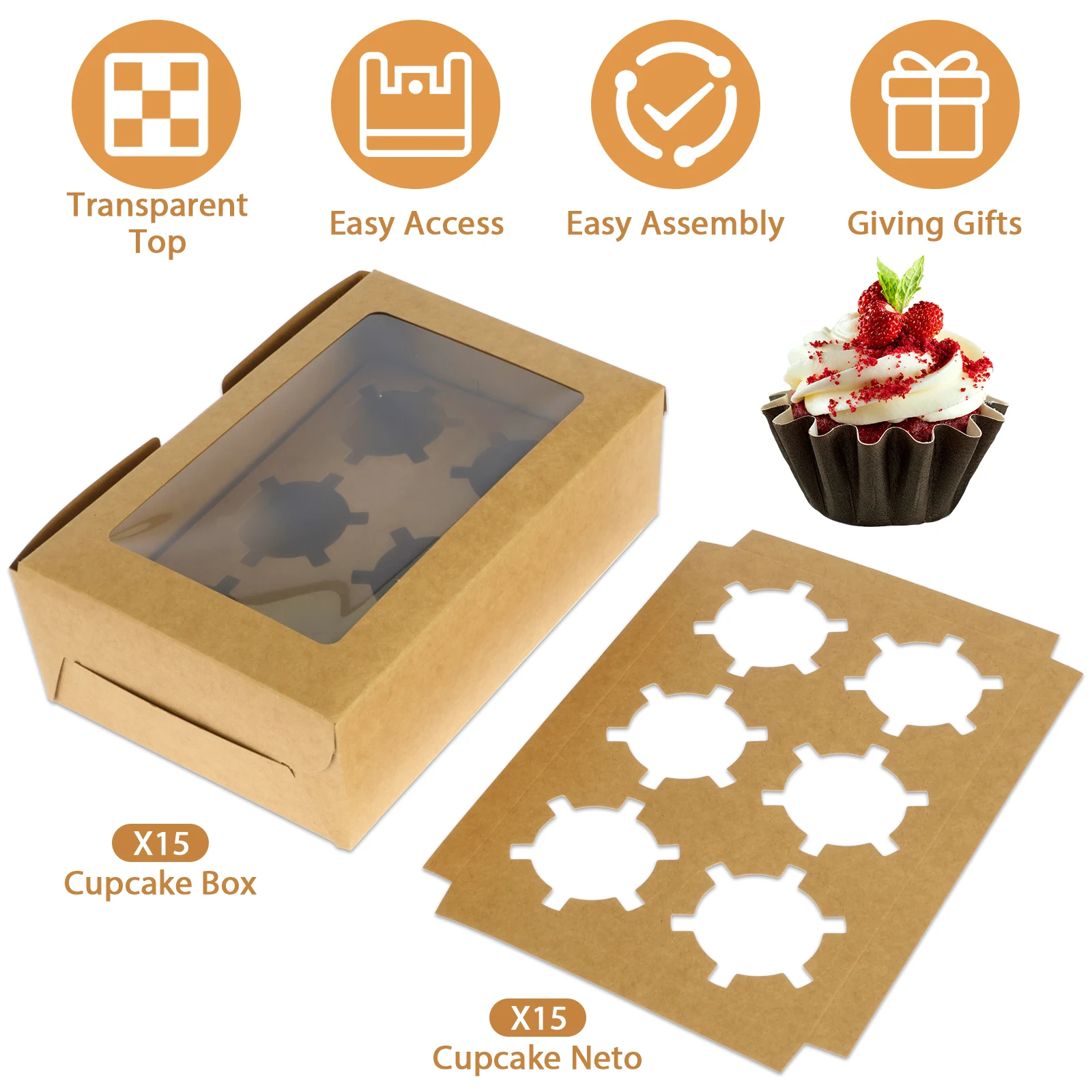 15Pcs Paper Cupcake Packing Box with Clear Window 6 Cavity Cake Container Muffin Cookies Candy Box Wedding Party Birthday Favors