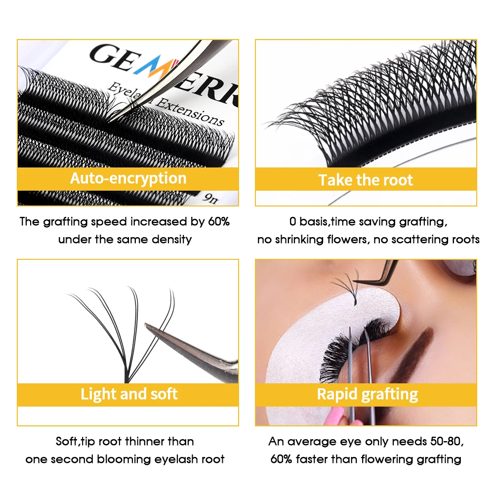 Gemerry-W Shape Eyelashes Extension, Premade Volume Fan, Fake Lashes Supplies, Soft, 8-15mm, 2 Dicas, 4D, 6D, 8D, 10D