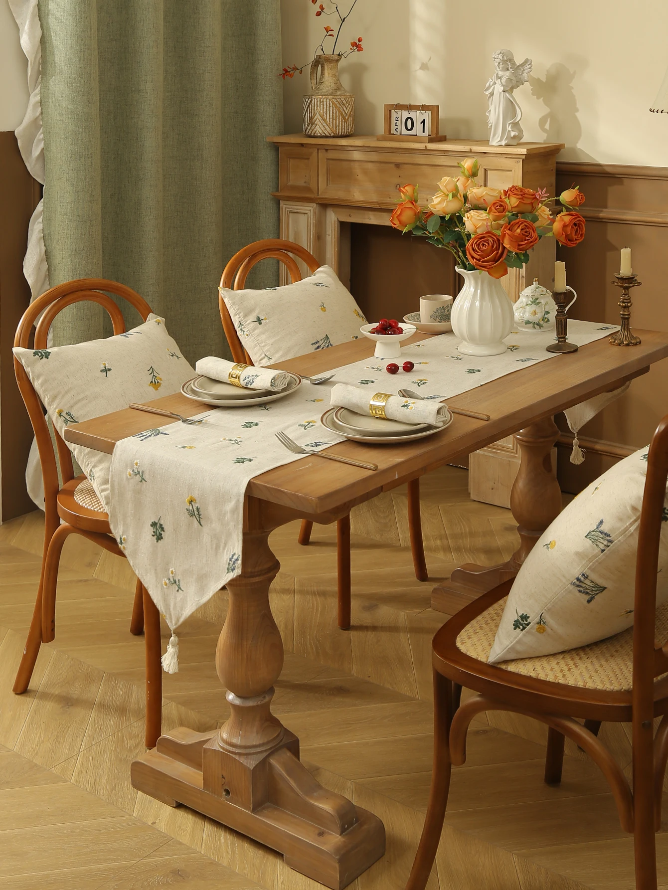 Leinen-Weizenfransen-Stickerei, spitze Ecktischflagge, rustikaler Stil, Tischläufer, Küchen-Couchtisch-Dekoration
