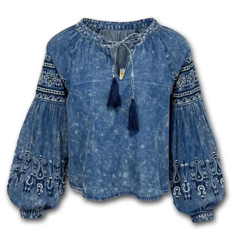 

New Ethnic Puff Sleeve V-Neck Embroidered Casual Women's Top Denim Tassel Shirt