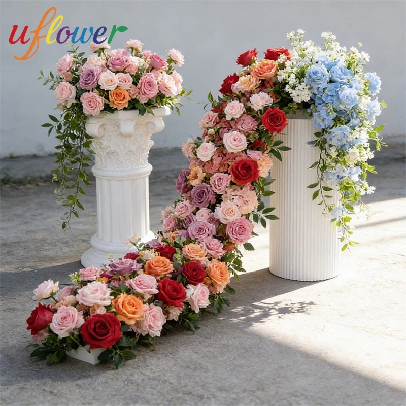 

Uflower Outdoor Wedding Artificial Flower Row Customized Pink Red Rose Table Centerpiece Backdrop Decor Flower Party Decor Props