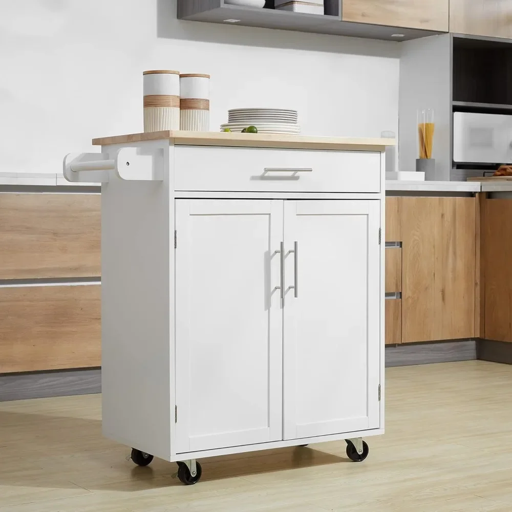 

Kitchen Island Cart Rolling Trolley Cart with Drawer, Storage Cabinet & Towel Rack, White