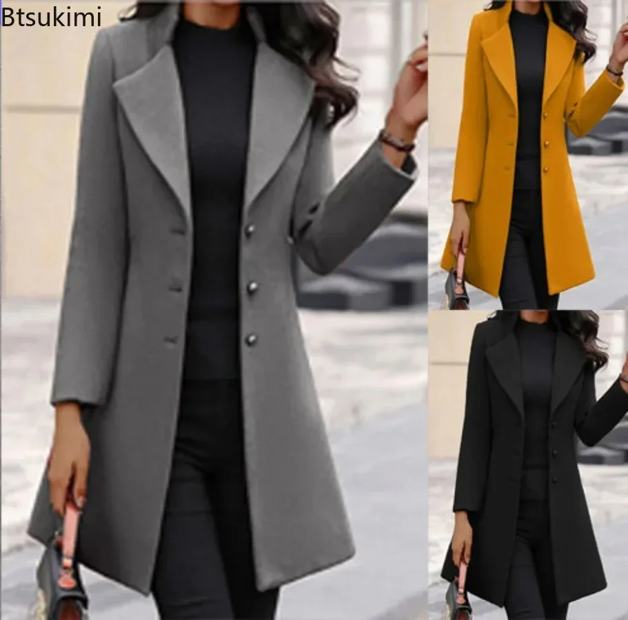 

2024Women's Casual Woolen Coats Jacket Autumn Winter Solid Stand Collar Single-breasted Outwear Korean Slim Jacket Female Blends