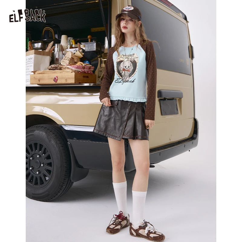 ELFSACK 2025 Herfst Nieuwe Collectie Y2K Polka Dot Colorblock Raglan Tee Designer Lichtgewicht Top Voor Vrouw