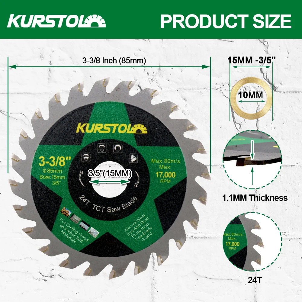 Kurstol แผ่นตัดไม้ TCT คาร์ไบด์85มม. แผ่นตัดไม้สำหรับไม้อัดไม้พลาสติกใบเลื่อย24T