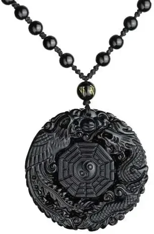 Natural black Obsidian Crystal dragon phenix YINGYANG Pendant with Bead Chain great gift necklace men or Women