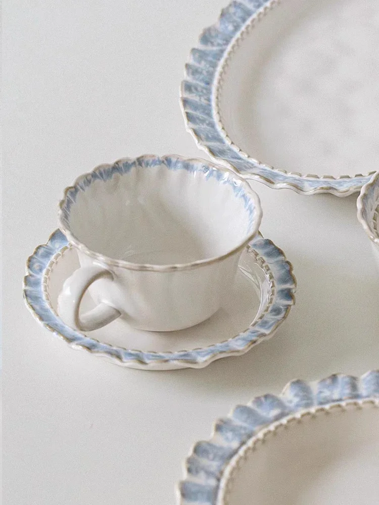 European-Style Court Ceramic Lace Staple Plate, Simple Blue Breakfast Mug, Underglaze Coffee Mug, Home Tableware Set