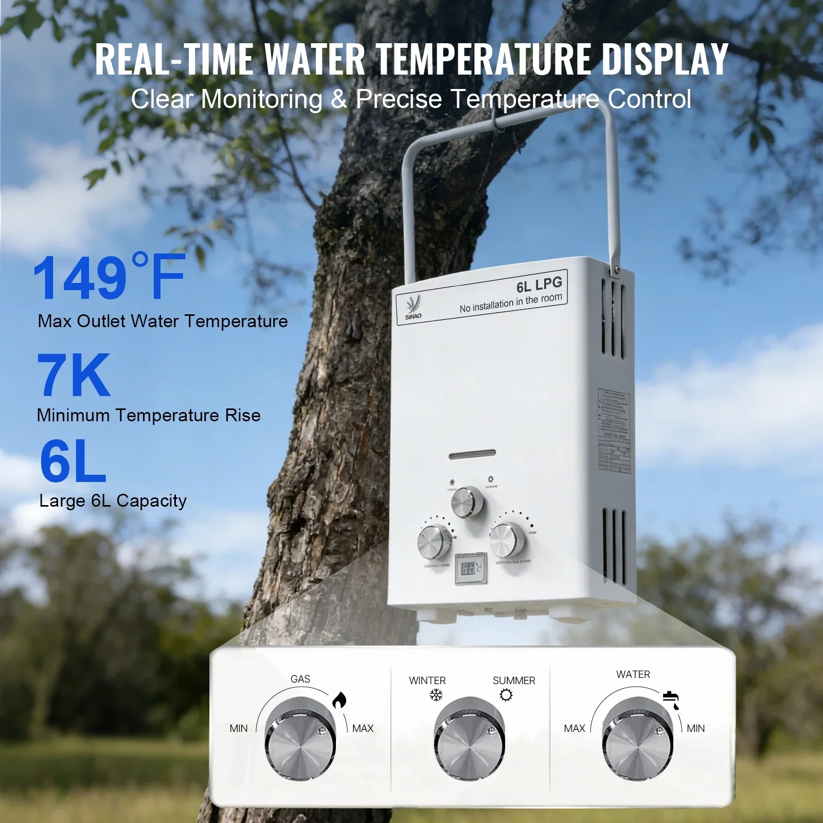 Chauffe-eau instantané à gaz sans réservoir |   SIHAO, chauffe-eau portatif à gaz liquéfié de 6 litres, avec affichage numérique, chauffage instantané pour la douche dans la salle de bain, les sorties en voiture et les voyages en plein air.