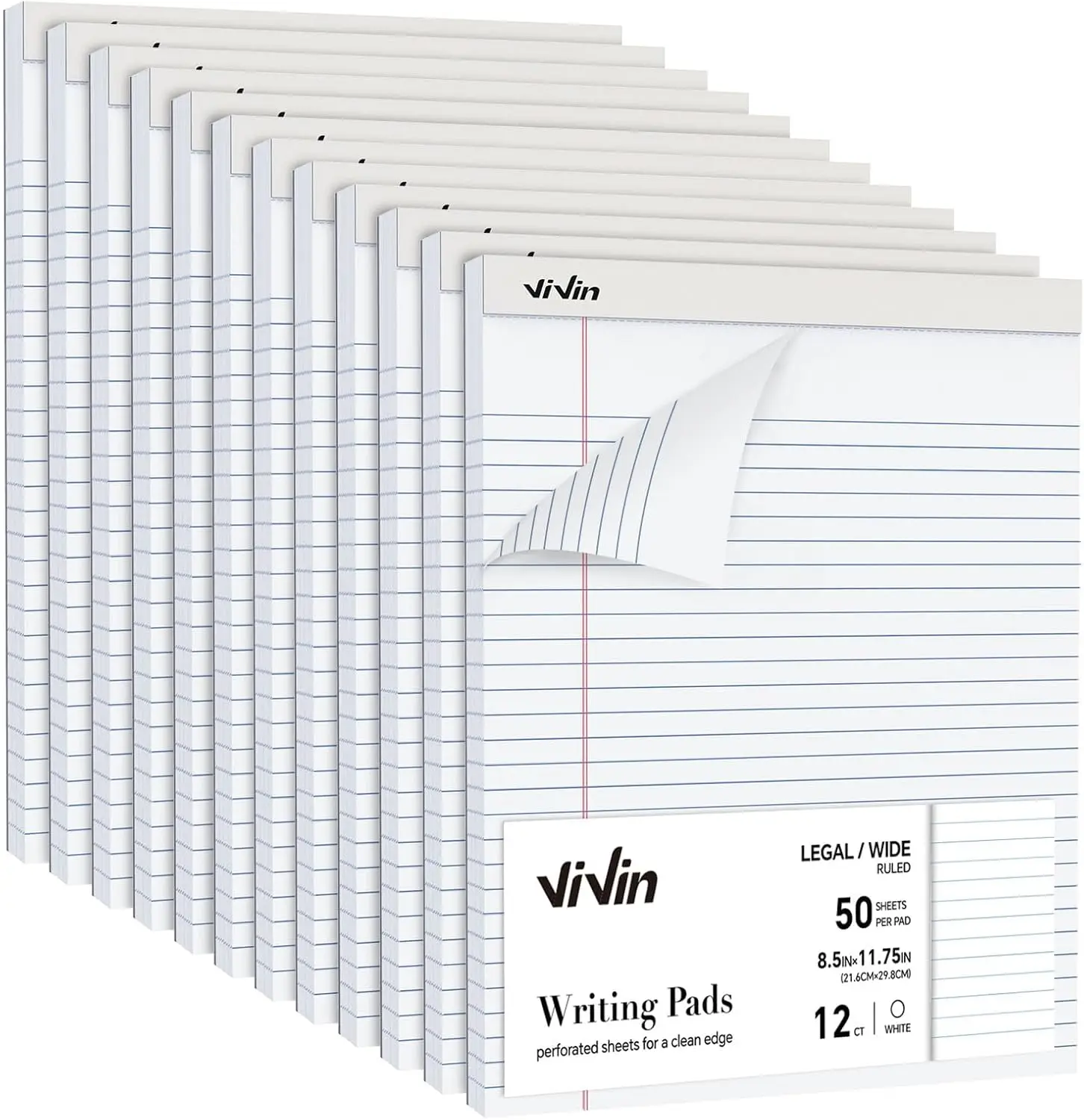 

Wide Ruled Legal Pads 8.5x11, 12 Pack, 50 Sheets Each, Perforated, White