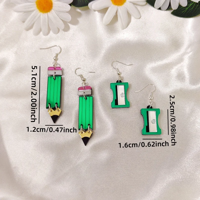 KUGUYS Pencil Sharpener Teacher Earrings for Women Graduation Gift Acrylic Green Red Mirror Jewelry Cute Accessories