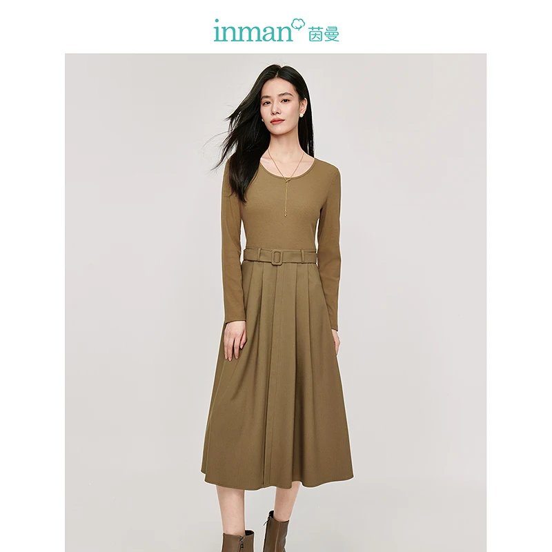 INMAN 2024 autumnwinter Knitted patchwork women's dress waist slimming long-sleeved mid-length skirts (with one free belt)