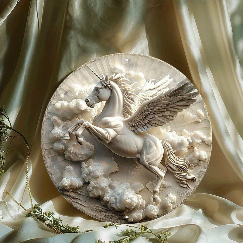 Aluminum Metal Pegasus Wall Sign, Round, Waterproof and Weather Resistant, Fantasy Art Decor for Home and Garden, 8in, 11.8in