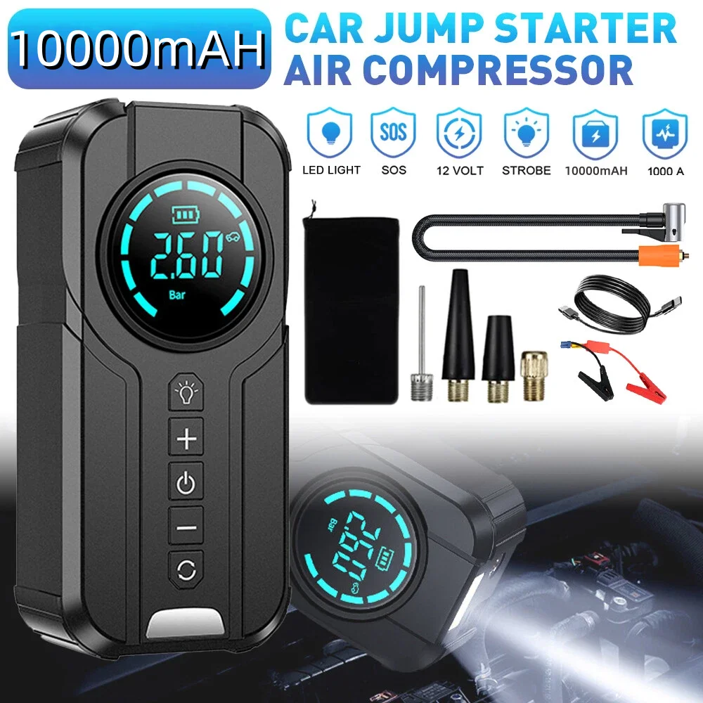 

10000mAh Car Jump Starter Air Pump Power Bank Lighting Portable Air Compressor 4 In 1 Cars Battery Starters Auto Tyre Inflator