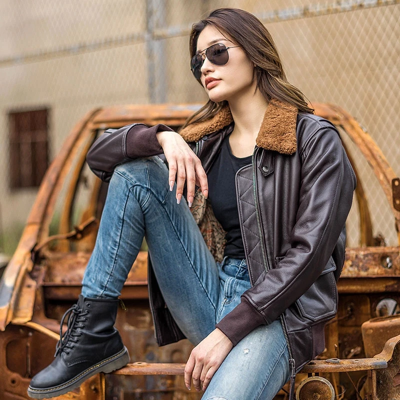 Dark Brown G1 Pilot Leather Jacket Women Military Style Plus Size 3XL Genuine Natural Cowhide Wool Collar Flight Leather Coat