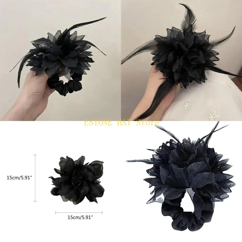 

49MF Hair Scrunchie 1920s Big Black Flower Hair Tie Hair Scrunchies Hair Rope Headpieces for Girls Women
