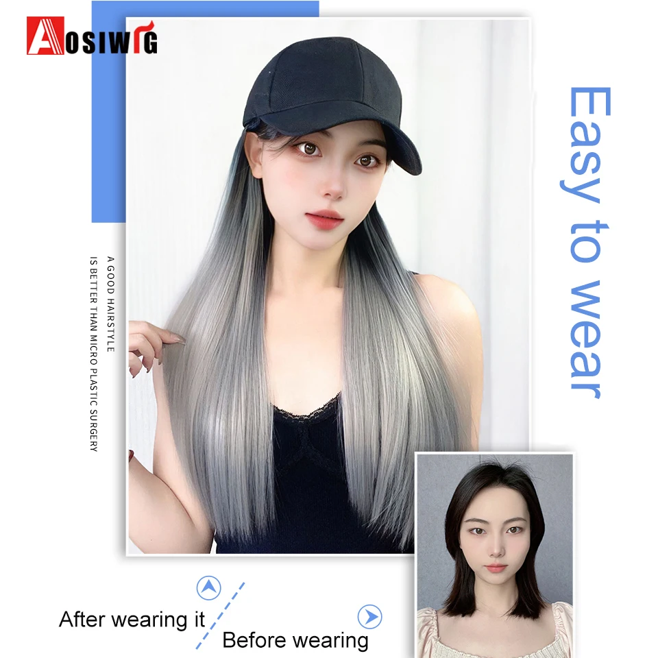 Synthetic18inch Black Baseball Hat  Long Straight Black Gradient White Tea Gray Fashion Hair Wig Heat Resistant Natural For Dail