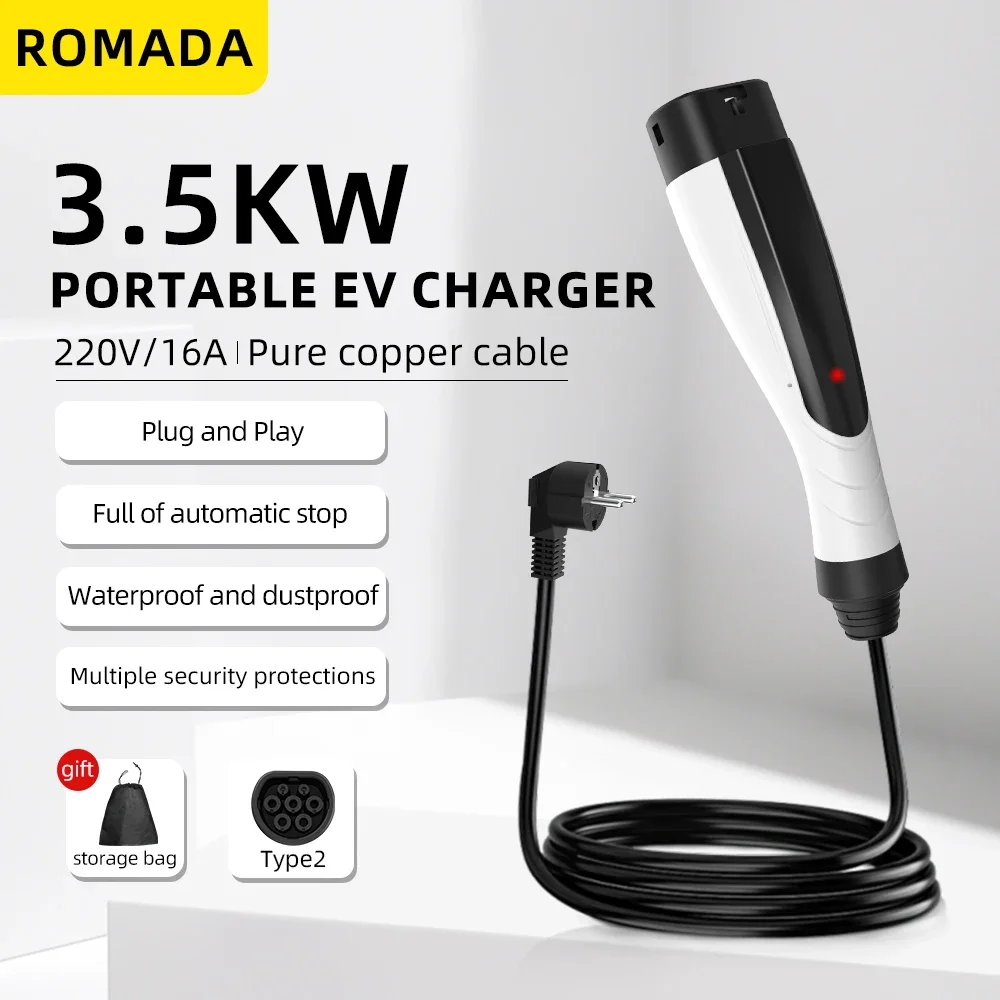 NEW ROMADA Portable 3.5KW 16A EV Charger 3M-10M Cable IEC62196 TYPE2 EVSE EU Plug Wallbox Adapter Safe Charging For EV