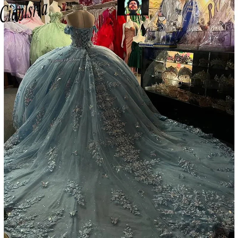 

Блестящие светло-голубые платья Quinceanera, роскошные кружевные платья с цветами 15, принцесса на день рождения