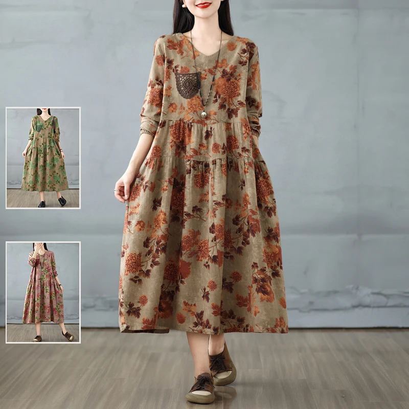 Cintura alta V-Ne Lanterna Sve Dr com Lace kets Algodão Linho Estampado A-Line Long Dr Efeito de Emagrecimento para plus size W...