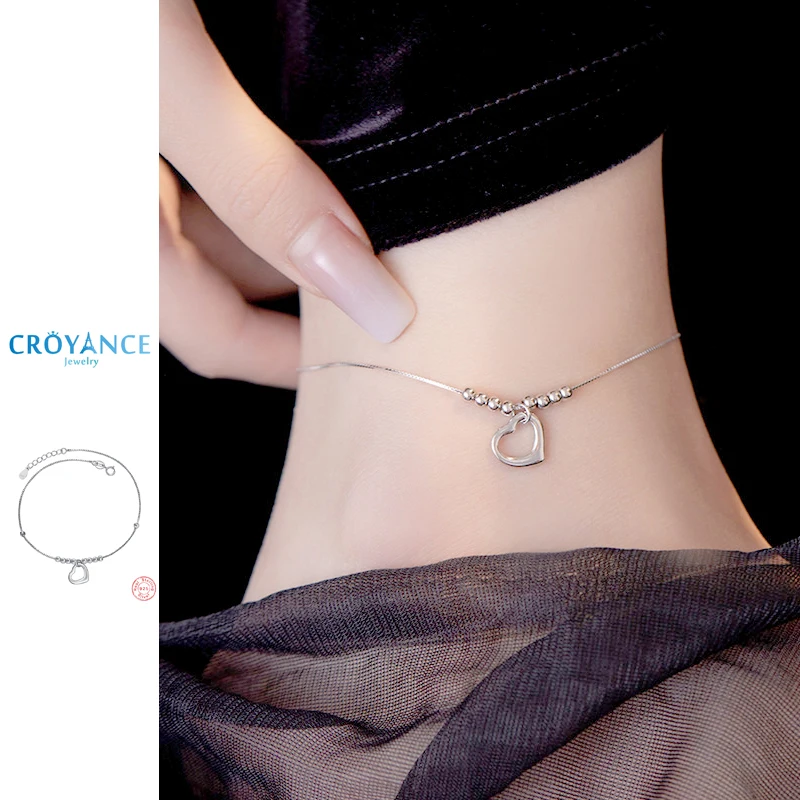 

925 Sterling Silver Jewelry Elegant Simple Small Bead Heart Pendant Anklets Women Fine Gift Summer Fashion Sexy Beach Foot Chain