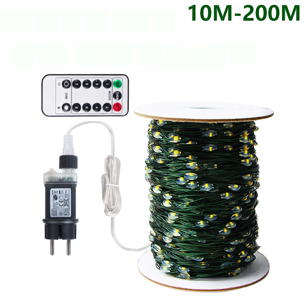 100M/200M LED String Lights Fairy Green Wire Outdoor Christmas Tree Lights Garland For New Year Street Home Party Wedding Decor