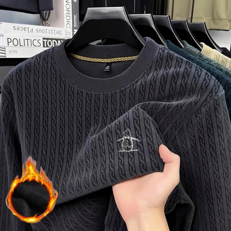เสื้อสเวตเตอร์ผู้ชายแฟชั่นฤดูหนาว ผ้าขนแกะเมอริโนแท้ 100% ดีไซน์สวยงาม ลายปักนกเพนกวิน คอกลม ถักนุ่ม อุ่นสบาย สไตล์ลำลอง