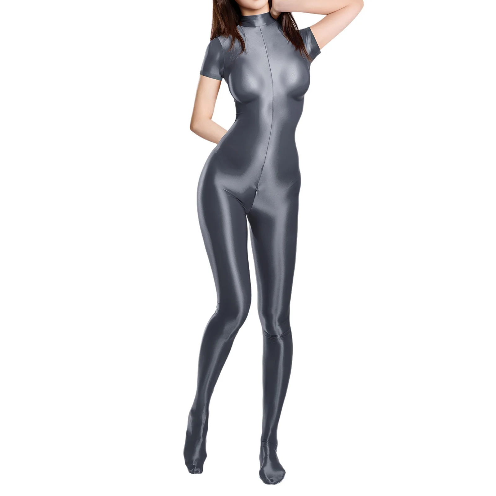 Women Short Sleeve Skinny Workout Yoga Jumpsuit Footed Glossy Solid Color Stretchy Leotards for Workout Pilates Gym Bodysuits