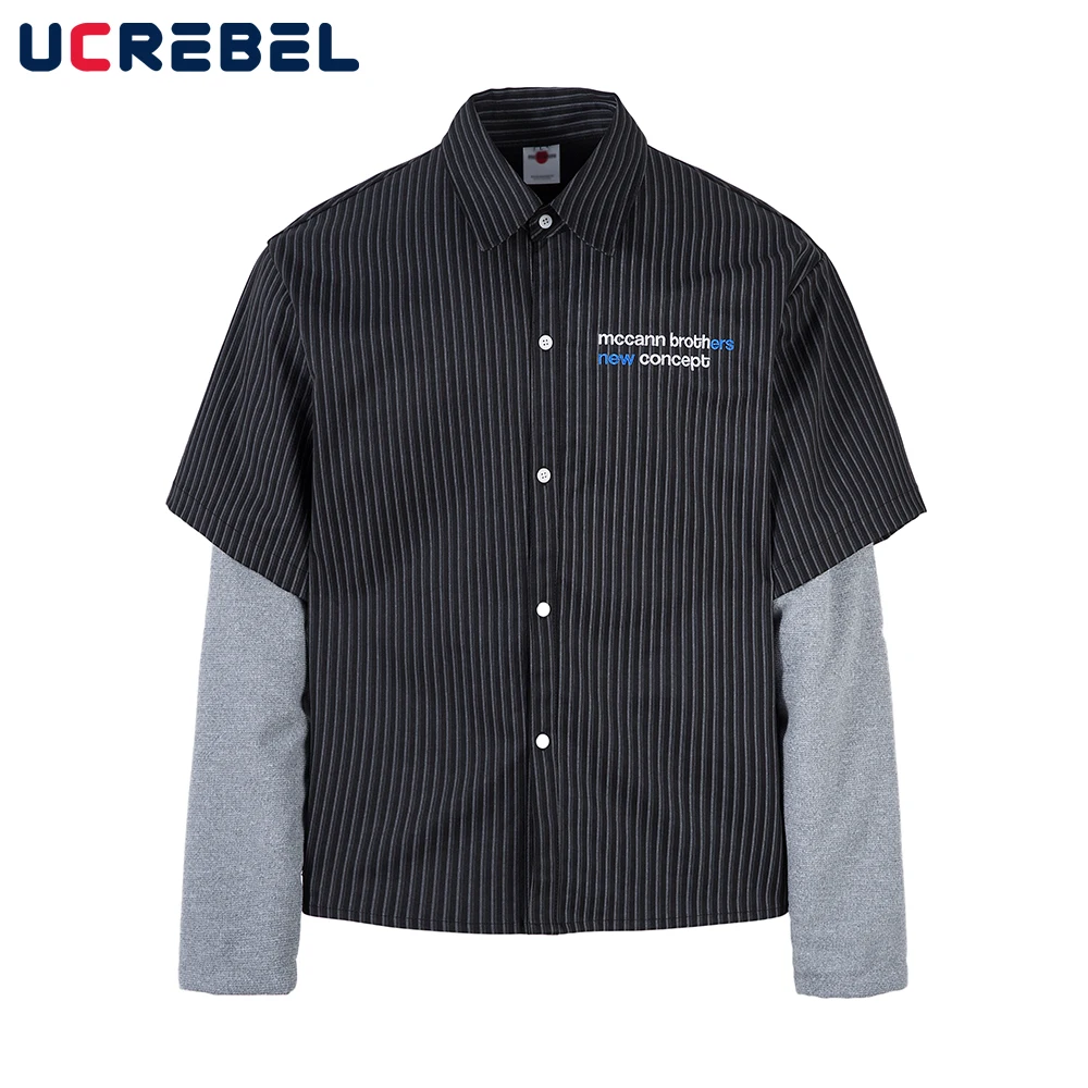 Vertical Stripes Fake Two Pieces Shirts Mens Embroidery Spring High Street Loose Lapel Single Breasted Long Sleeve Shirts Men