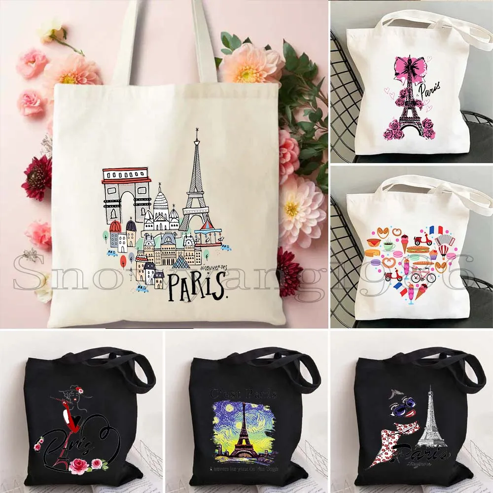 Bonjour Starry Night Paris Rainbow Eiffel Tower France City Love Heart French Flag Map Europe Canvas Shoulder Tote Bag Handbag