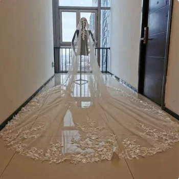 Beyaz fildişi 3m 4m 5m bir katman düğün duvağı tüm dantel aplike kenar gelin Veils katedral düğün aksesuarla