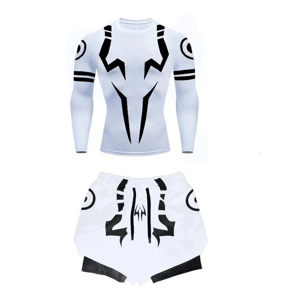 Men\'s Compression Set Anime Jujutsu Kaisen Printed Summer Gym Compression Shirts+Workout Shorts Breathable Quick Dry Sports Set