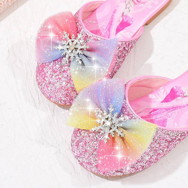 Disney Girl\'s Sandals Slippers Frozen Princess Elsa Sequin Bow Rhinestone Shoes Children\'s Summer Slippers Pink Blue Shoes