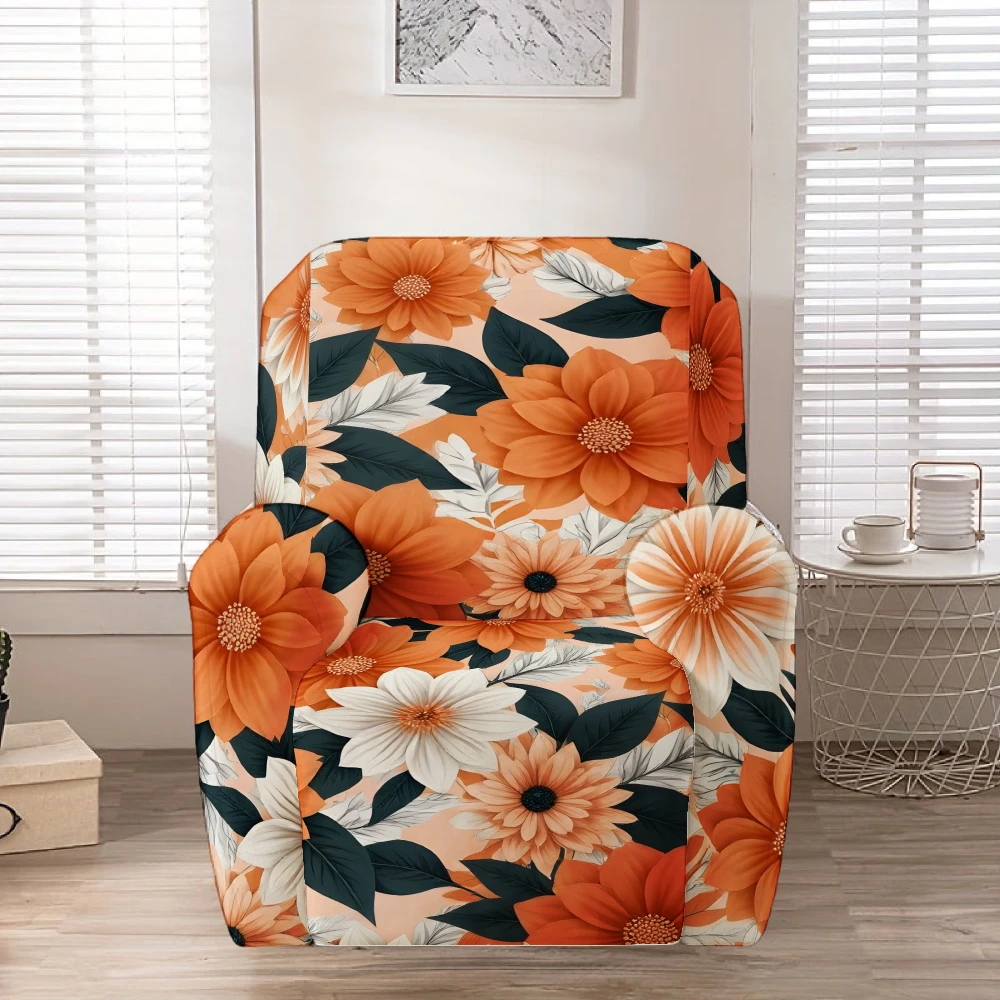 Recliner Slipcover,Orange Floral Print Stretch Recliner Sofa Cover, Stretch Soft Furniture Protector Slipcover