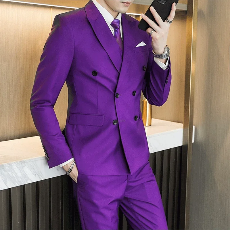 (Jacket+Pants) High Quality Solid Color Men Suits Fashion Double Breasted Wedding Stage  Formal Slim Business Social DressSuit