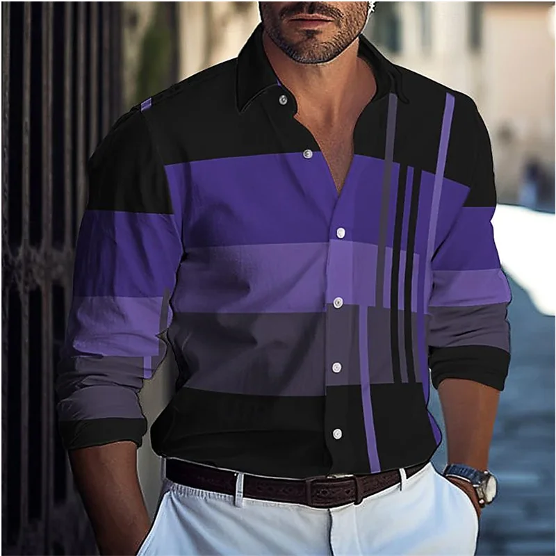 Striped men's business casual 3D printed shirt street daily spring and summer lapel long-sleeved black 6XL stretch fabric shirt