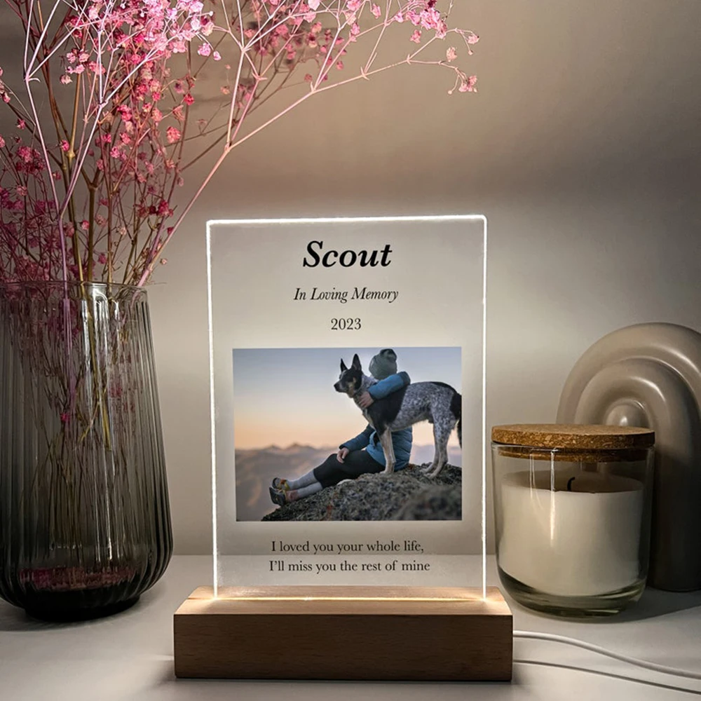 Foto personalizada para mascotas, marco de soporte de madera LED, luz nocturna, regalo de simpatía para propietarios de mascotas en memoria amorosa de gato perdido, perro, significativo