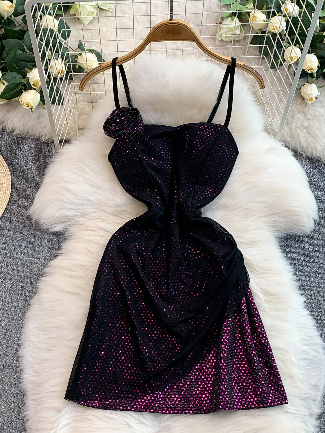 

iny Sequin 3D Flower Strapl ort Skirt Dr Women Slimming High Waist Me Sexy Gown Svel A-Line Silhouette